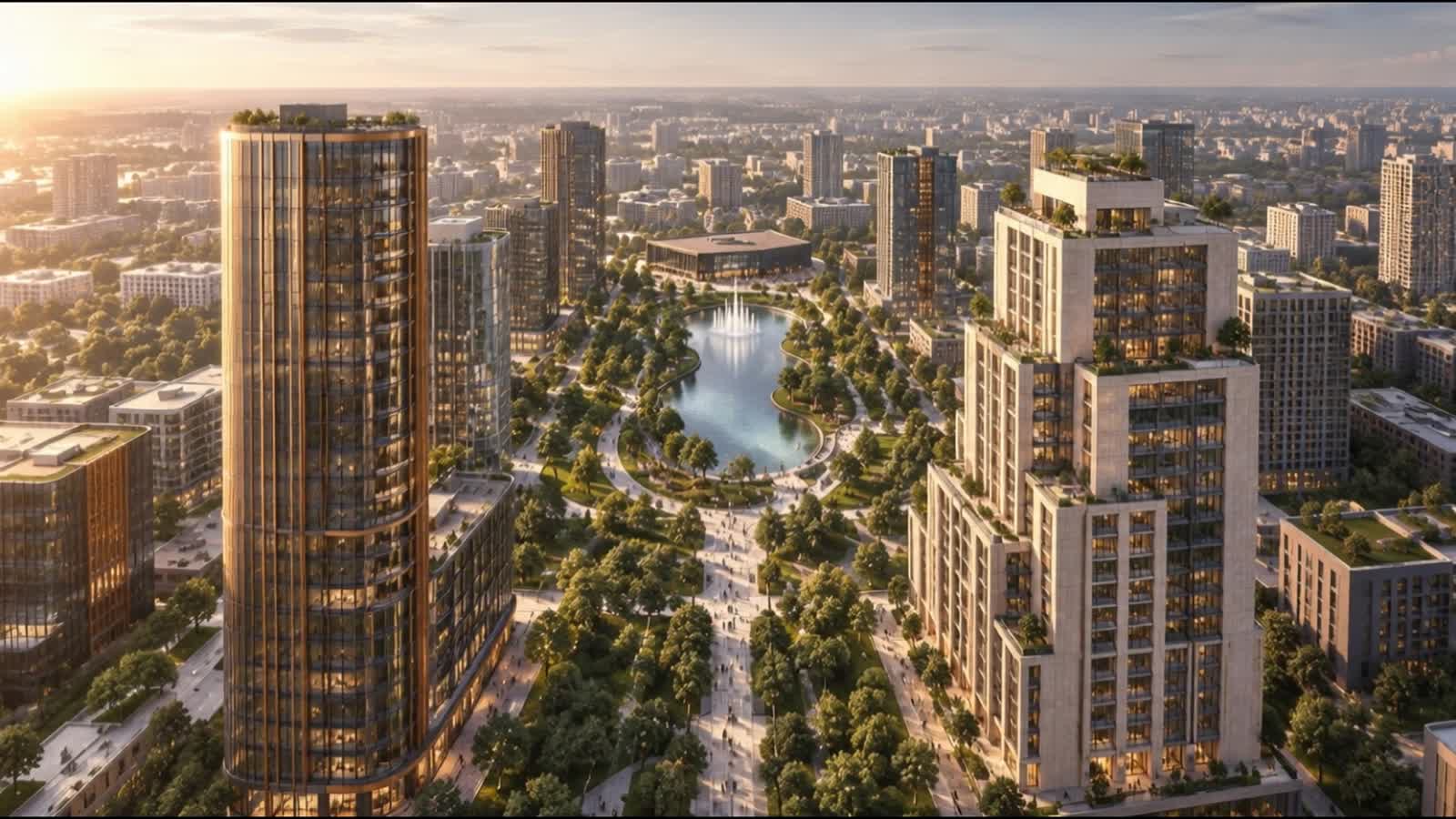 Панорама квартала в тёплом вечернем свете